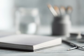creative process concept, sketchbook and tools on desk, artistic lifestyle photography