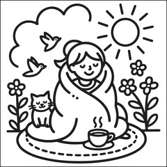 Cozy girls season black and white coloring pages