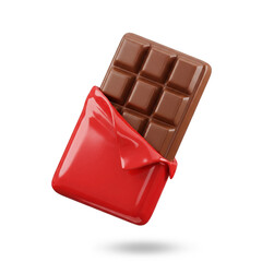 Chocolate bar partially unwrapped in red wrapper on white background, Plastic 3d chocolate.
