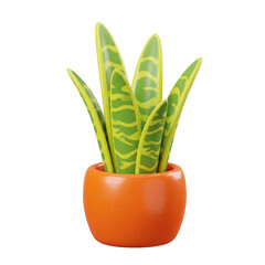 Decorative snake plant in orange ceramic pot isolated on white background, Plastic 3d plant pot.