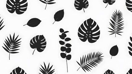 Seamless pattern of tropical leaves silhouettes in monochrome style against white background for textile or wallpaper decoration to 155 letters
