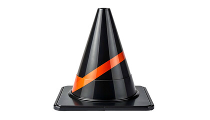 Isolated traffic cone with black body, orange stripe, & reflective surface, set against black