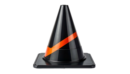Isolated traffic cone with black body, orange stripe, & reflective surface, set against black