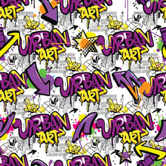 Vibrant urban art seamless pattern. Colorful graffiti style with Urban Art text, arrows, stars, and paint splashes on a white brick background. Endless texture.