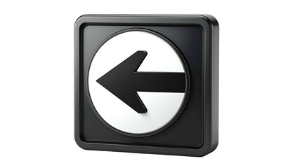A 3D rendered black and white arrow pointing left within a dark square