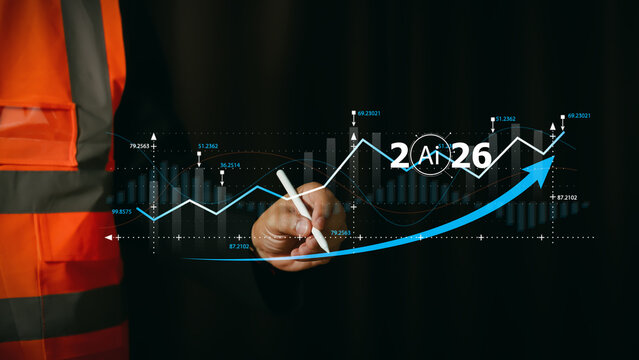 Engineer in safety vest analyzing 2026 business growth graphs with AI technology overlay. Future construction industry financial forecast and stock market success concept for corporate investors. - Powered by Adobe