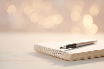 new year goal planning concept, notebook with blank page, pen, warm light, clean desk, inspirational lifestyle image