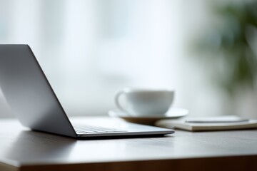 Fototapeta premium remote freelance lifestyle, laptop and notebook in cafe, natural light, modern work life