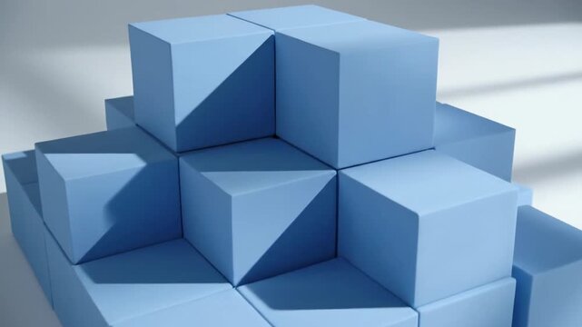 Abstract blue geometric cubes arranged in stepped pyramid structure with sunlight shadows