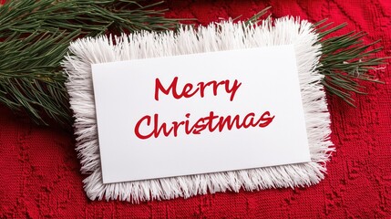 Cozy Christmas greeting card with "Merry Christmas" red script text, white fringed trim, pine branches on textured red knit background. Festive holiday design ideal for poster, wallpaper
