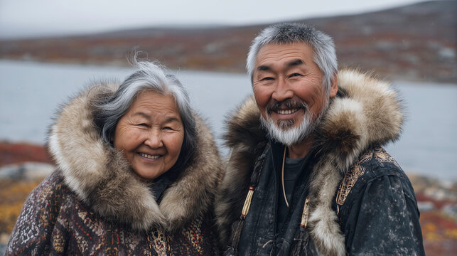 Outdoor portrait of a mature Eskimo couple wearing traditional clothing smiling at the camera.