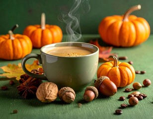 Steaming coffee in a mug amidst mini pumpkins, nuts, spices, and leaves on a green surface