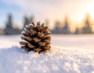 A pinecone rests on pristine snow in a bright, wintry landscape with blurred background