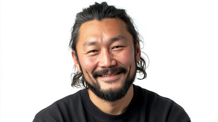 Obraz premium Close up studio portrait of smiling Eskimo man looking at the camera, wearing black t-shirt set against a white background.