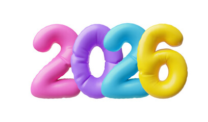 Inflatable, bright numbers 2026 in yellow, blue, purple, and pink, a 3D symbol of the New Year.