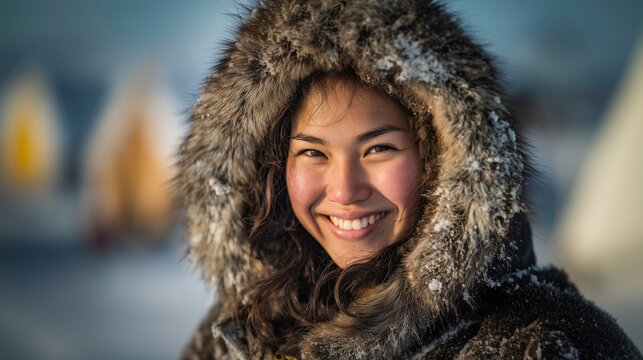Portrait of Eskimo woman outdoors wearing traditional clothing smiling at the camera.