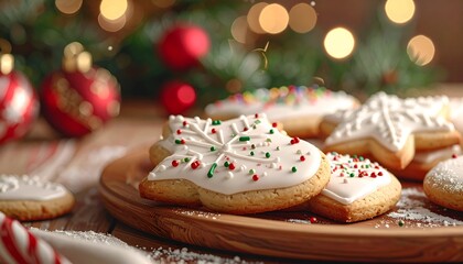 Close-up of festive cookies on a wooden plate, Christmas ornaments, and blurred lights