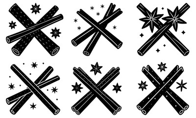 Obraz premium Six Black and White Fireworks Silhouettes with Stars on White Background sparkles