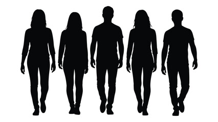 A group of five people walking forward depicted as a striking black silhouette