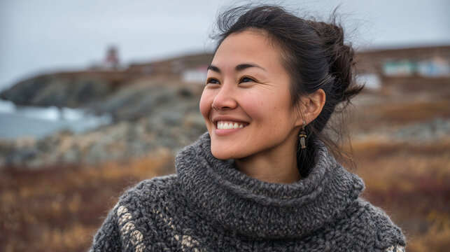 Close up outdoor portrait of smiling Eskimo woman wearing traditional clothes.