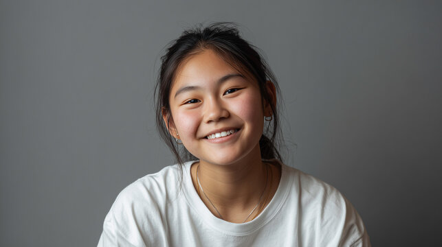 Close up studio portrait of young smiling Eskimo girl looking at the camera, wearing a white t-shirt set against a grey background.