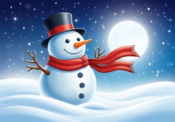 Fototapeta premium Magical Moonlit Snowman Illustration