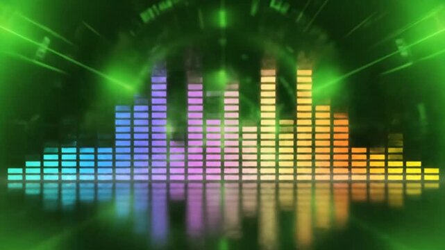Colorful audio equalizer bars with reflection moving in a dark green abstract background, music visualizer