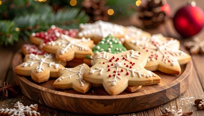 Close-up of holiday cookies on a wooden tray with festive decorations