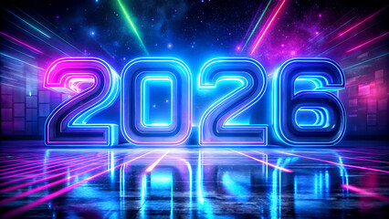 Obraz premium Futuristic neon sign displaying the year 2026 with vibrant light trails and reflective surface