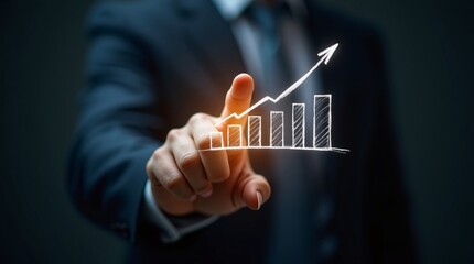 A businessperson’s finger points to a hand-drawn upward bar graph (with a rising arrow). Dark backdrop; symbolizes business growth/analysis.