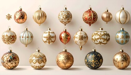 Assortment of ornate, colorful Christmas ornaments arranged on a neutral surface