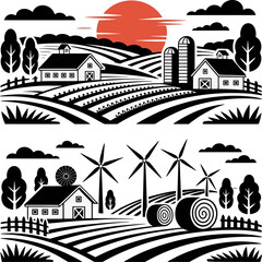 Stylized rural farmland illustration showing barns, silos, tractor, wind turbines, fields, and rising sun landscape. © Anabella