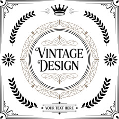 “Collection of elegant vintage design frames with ornate borders, laurel wreaths, ribbons, and classic typography elements for branding.”