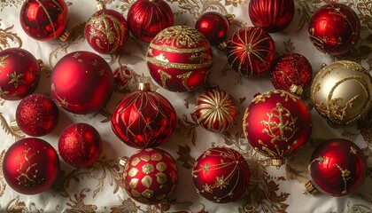 Overhead shot of red and gold Christmas ornaments on a patterned surface