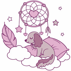 Delightful Sleepy American Water Spaniel in a Fantasy dream scene with holding a heart – Dreamland vector illustration