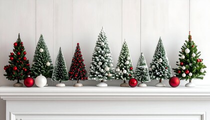Collection of miniature Christmas trees on a white mantelpiece, with ornaments