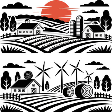 Stylized rural farmland illustration showing barns, silos, tractor, wind turbines, fields, and rising sun landscape.