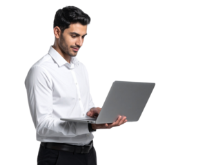 “Man using laptop, transparent background” 
