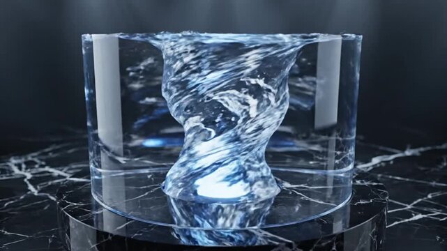 Realistic water vortex swirling inside glass cylinder on black marble podium with dramatic studio lighting