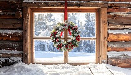 Wintery window scene wreath hangs in wooden frame, snow outside and inside a cabin