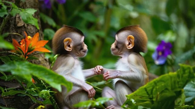 Two baby monkeys interacting closely surrounded by lush green foliage and colorful flowers monkey video