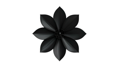 Isolated, stylized black flower with eight petals, viewed from above, on a black background