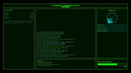 Retro green hacker console with CRT scanlines, scrolling code, radar tracking, and root access confirmation. Glitchy old-school computer interface with system metrics and map. - Powered by Adobe