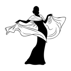 Elegant woman in a flowing dress isolated on white background dancing