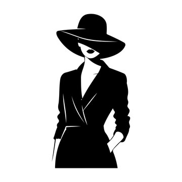 Elegant woman in a black hat and suit isolated on white background standing confidently