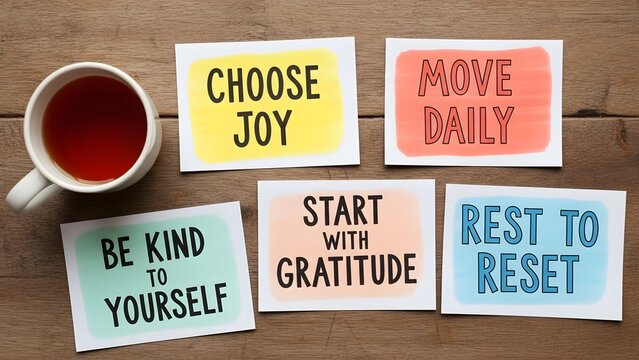 Inspirational quotes on colorful cards with a cup of tea