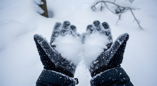 Hands holding snow in winter landscape with blurred background  