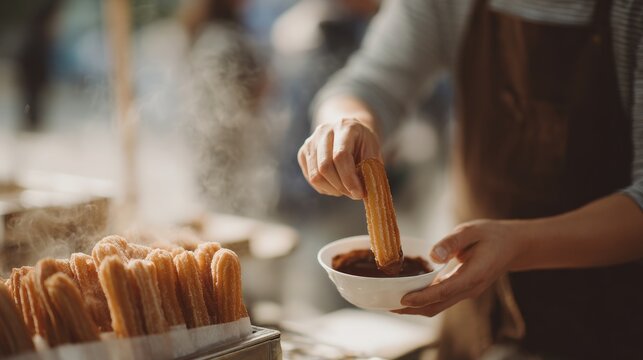 Person's hand holding a small white bowl with a churro stick in it. the person is wearing a brown apron and is standing in front of a table with a tray of churros on it.