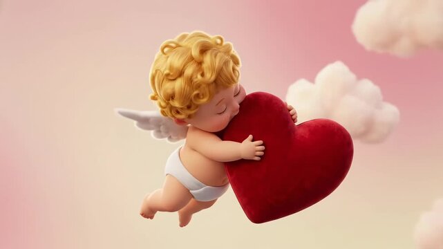 3D illustration of cute baby cupid angel hugging large red velvet heart flying in pink cloudy sky representing innocent love romance and Valentine's Day greeting card design