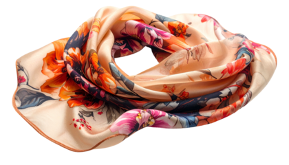 Scarf with floral design, soft folds, peach background, vibrant colors, isolated, luxurious